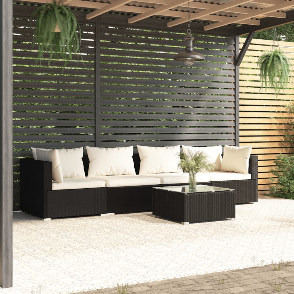 5 Piece Garden Lounge Set with Cushions Poly Rattan Black - Newstart Furniture