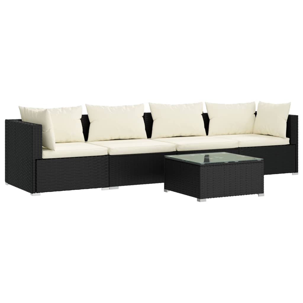 5 Piece Garden Lounge Set with Cushions Poly Rattan Black - Newstart Furniture