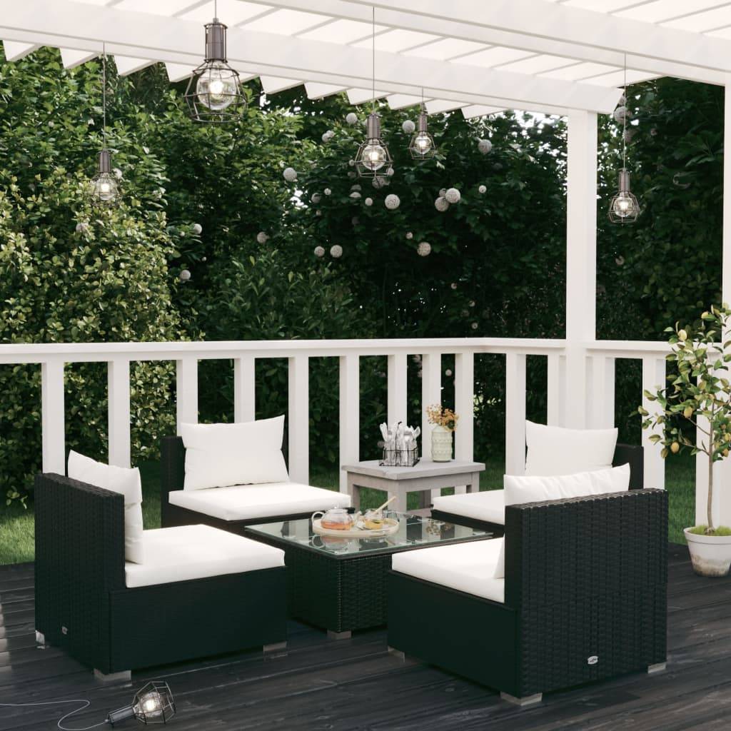 5 Piece Garden Lounge Set with Cushions Poly Rattan Black - Newstart Furniture