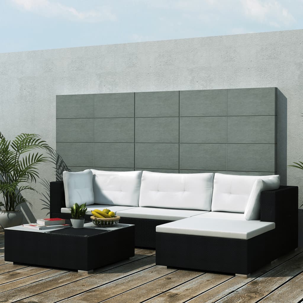 5 Piece Garden Lounge Set with Cushions Poly Rattan Black - Newstart Furniture