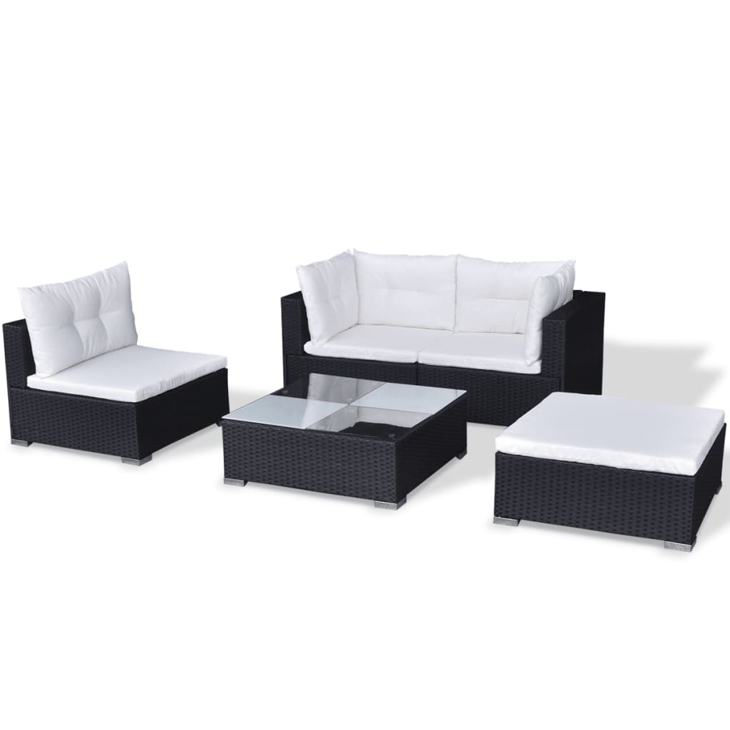 5 Piece Garden Lounge Set with Cushions Poly Rattan Black - Newstart Furniture