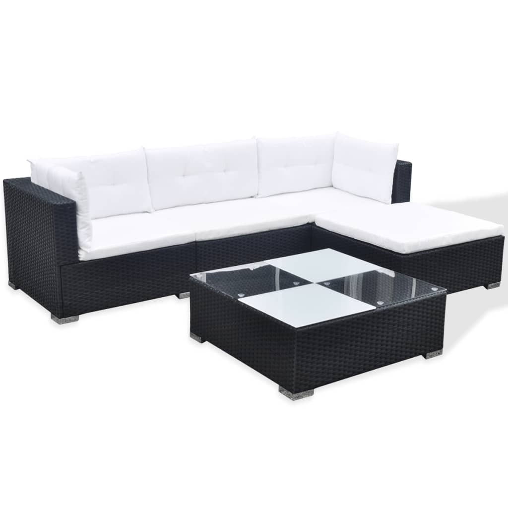 5 Piece Garden Lounge Set with Cushions Poly Rattan Black - Newstart Furniture