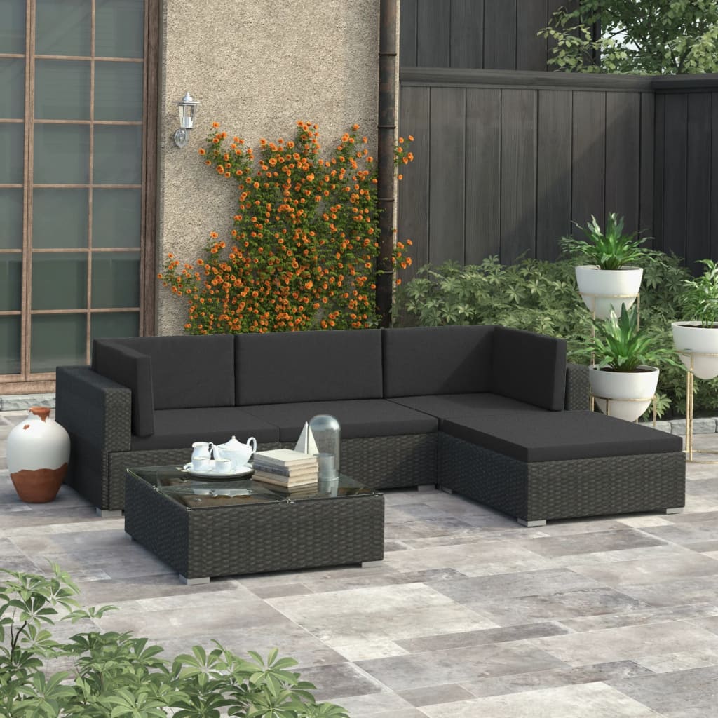 5 Piece Garden Lounge Set with Cushions Poly Rattan Black - Newstart Furniture