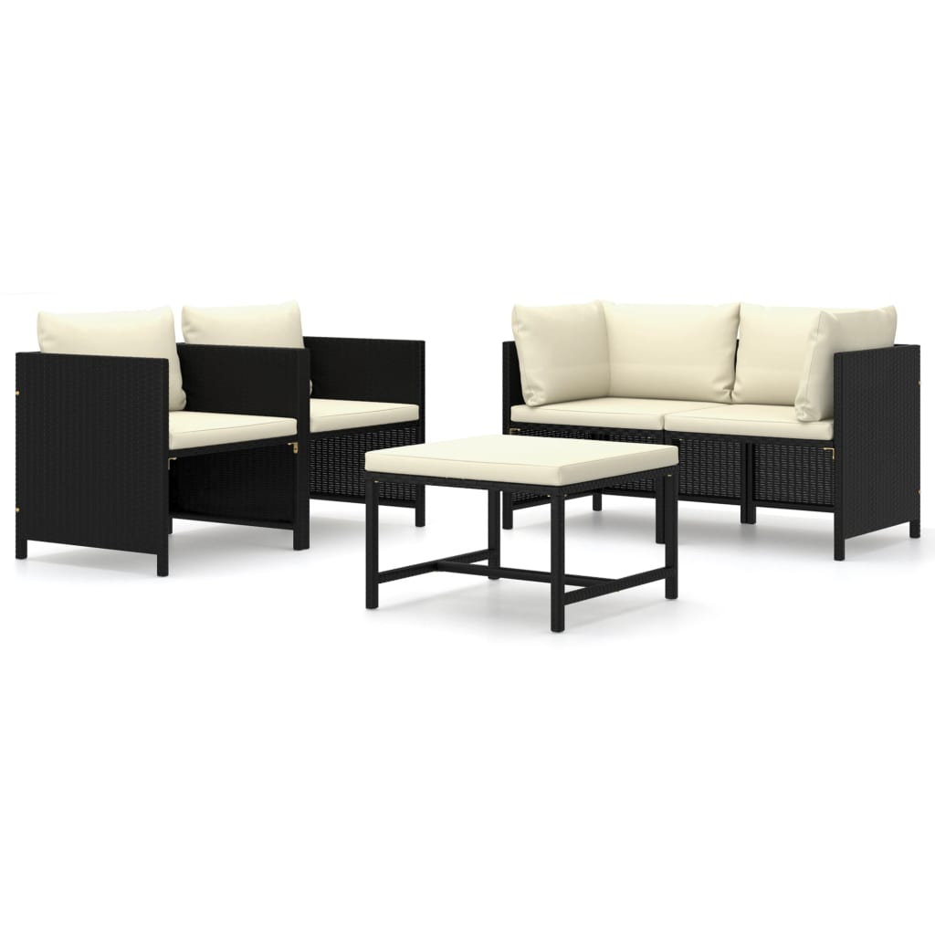 5 Piece Garden Lounge Set with Cushions Poly Rattan Black - Newstart Furniture