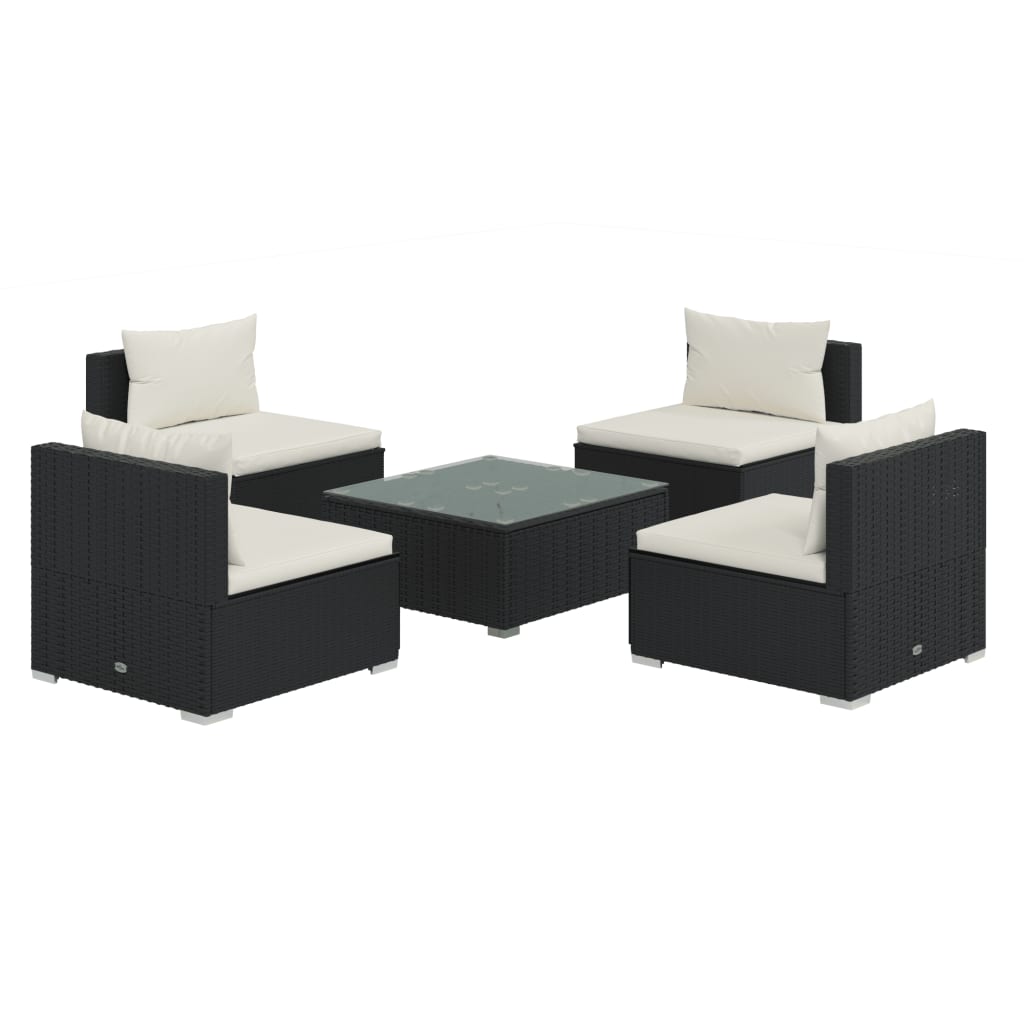 5 Piece Garden Lounge Set with Cushions Poly Rattan Black - Newstart Furniture