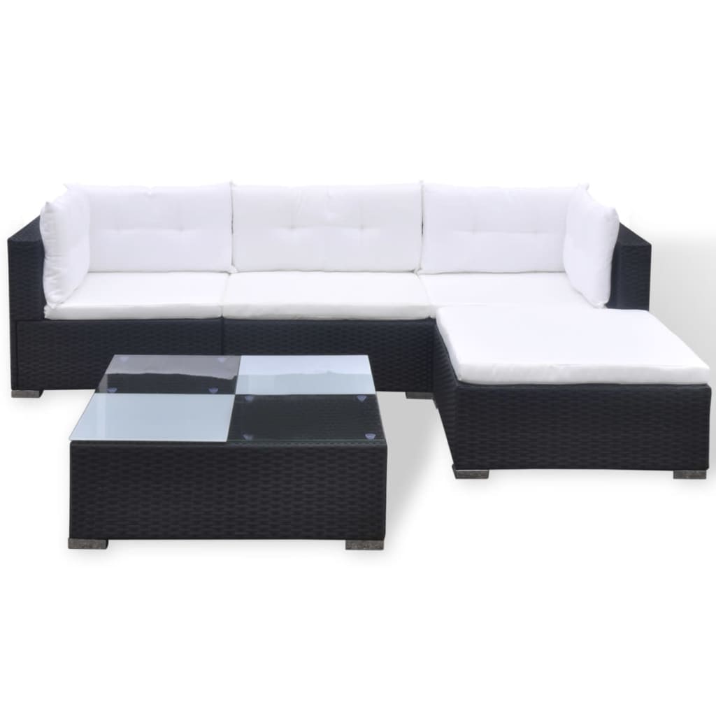 5 Piece Garden Lounge Set with Cushions Poly Rattan Black - Newstart Furniture