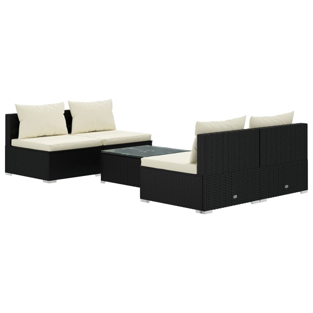 5 Piece Garden Lounge Set with Cushions Poly Rattan Black - Newstart Furniture