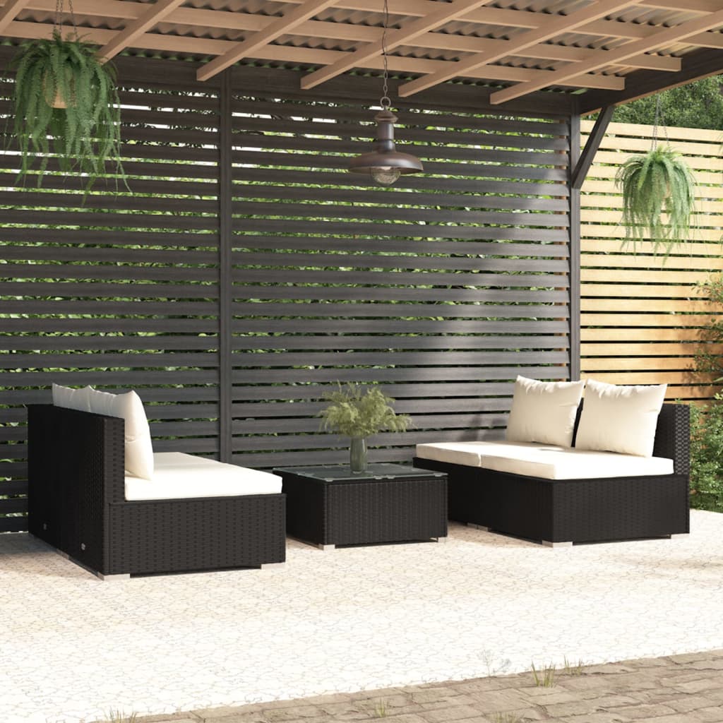 5 Piece Garden Lounge Set with Cushions Poly Rattan Black - Newstart Furniture