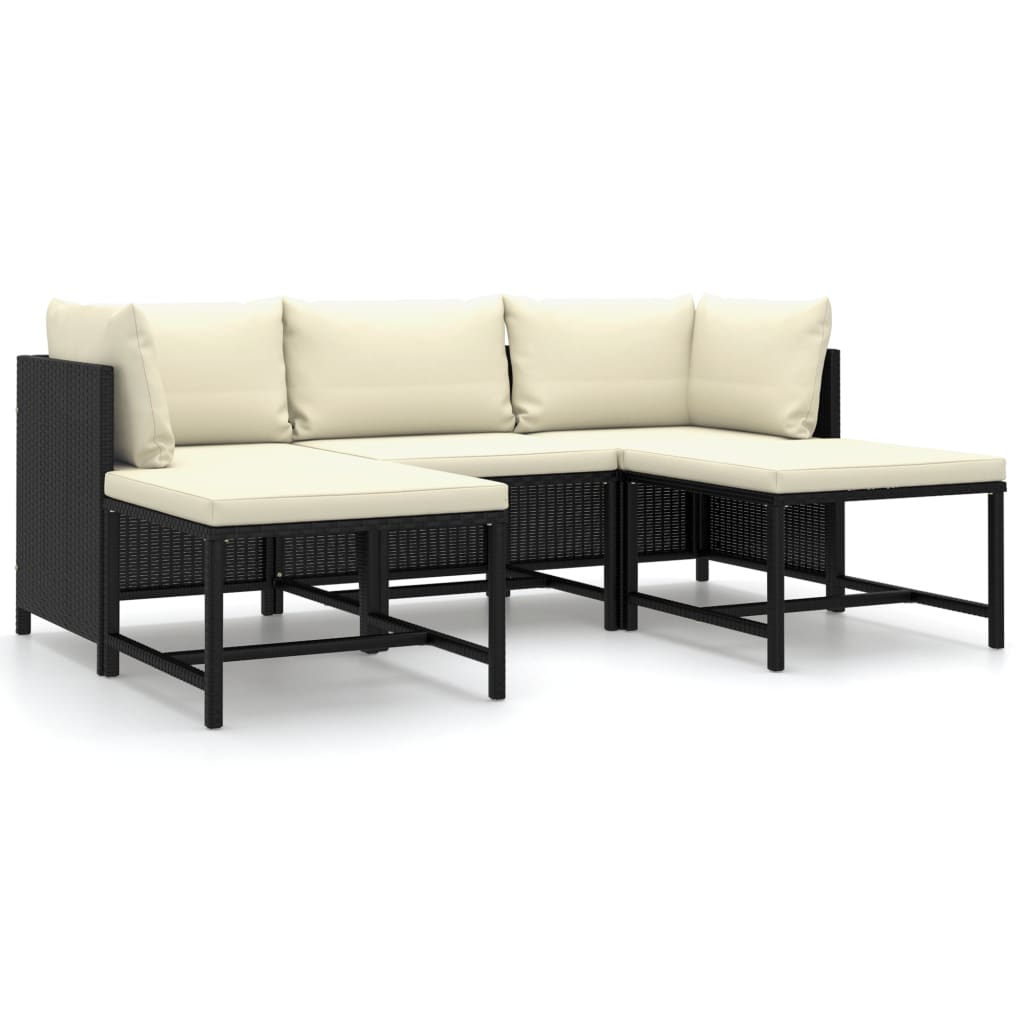 5 Piece Garden Lounge Set with Cushions Poly Rattan Black - Newstart Furniture