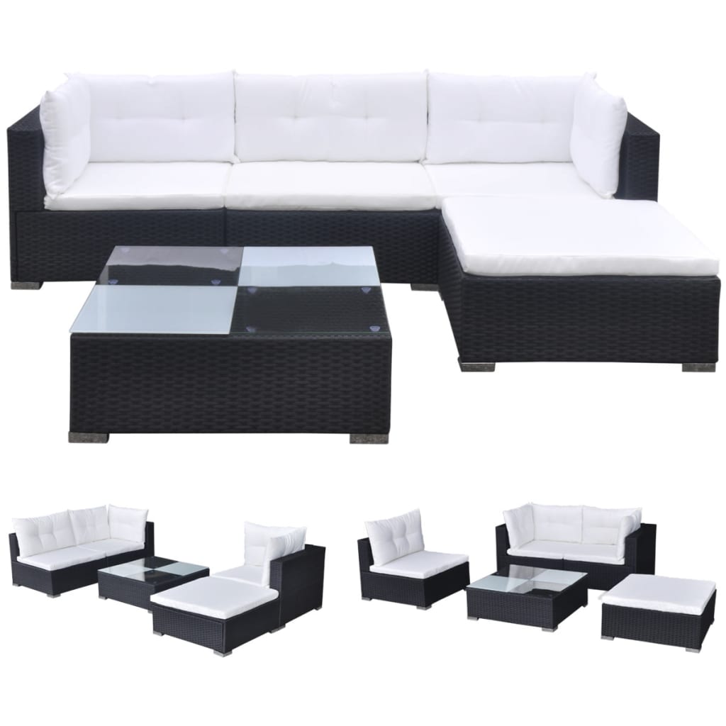 5 Piece Garden Lounge Set with Cushions Poly Rattan Black - Newstart Furniture