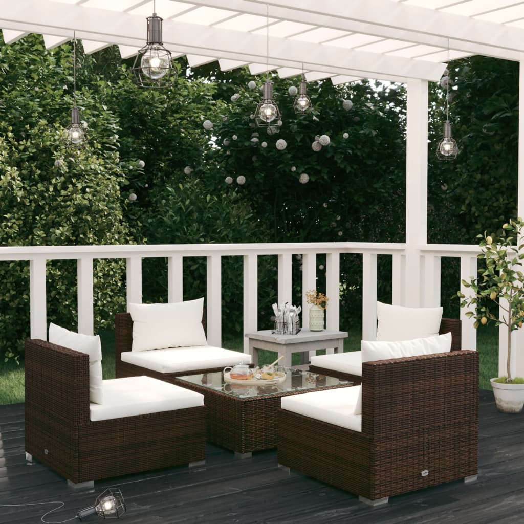 5 Piece Garden Lounge Set with Cushions Poly Rattan Brown - Newstart Furniture