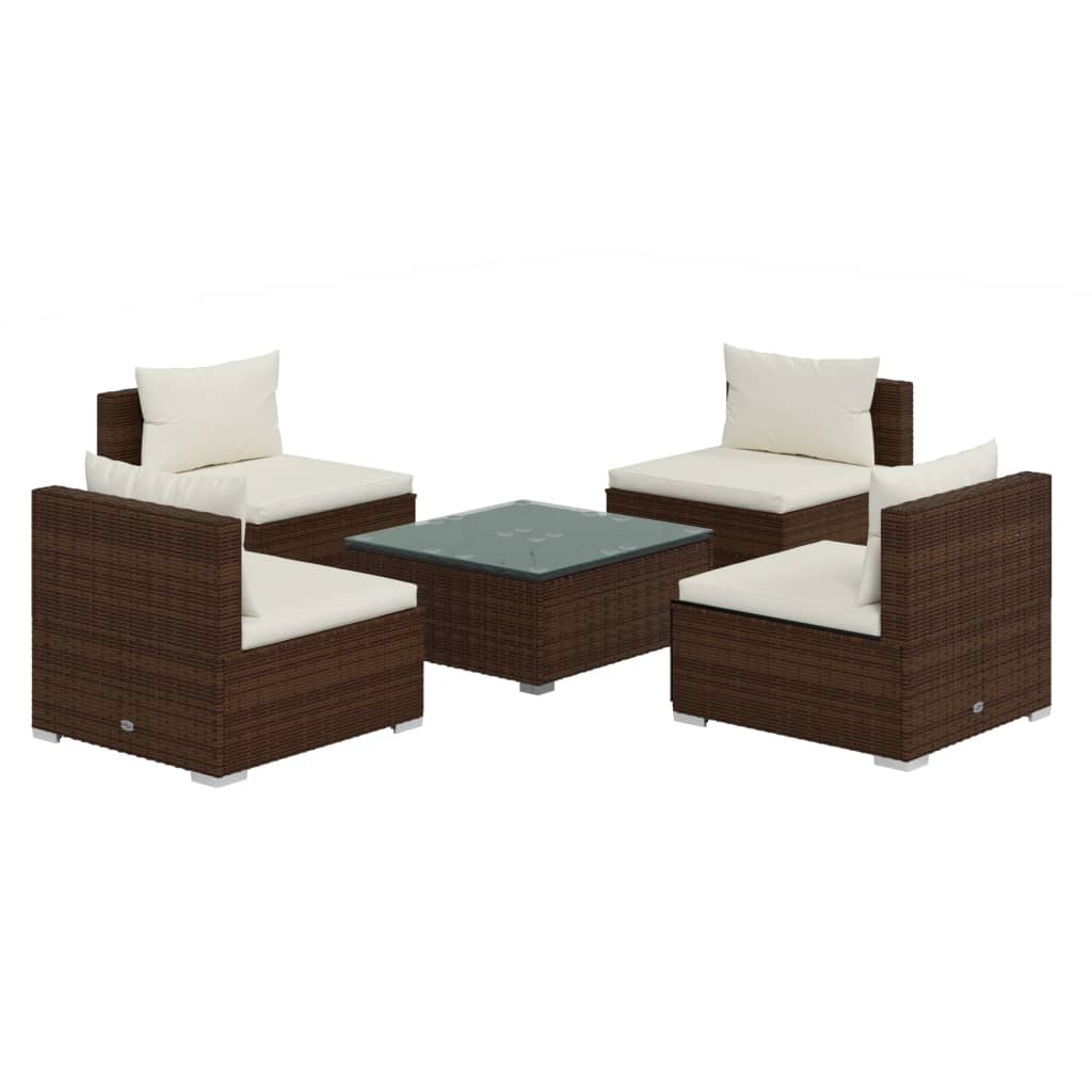 5 Piece Garden Lounge Set with Cushions Poly Rattan Brown - Newstart Furniture