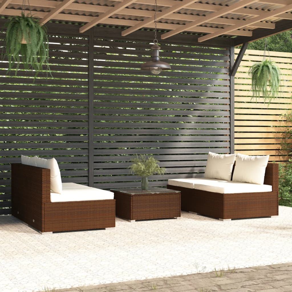 5 Piece Garden Lounge Set with Cushions Poly Rattan Brown - Newstart Furniture