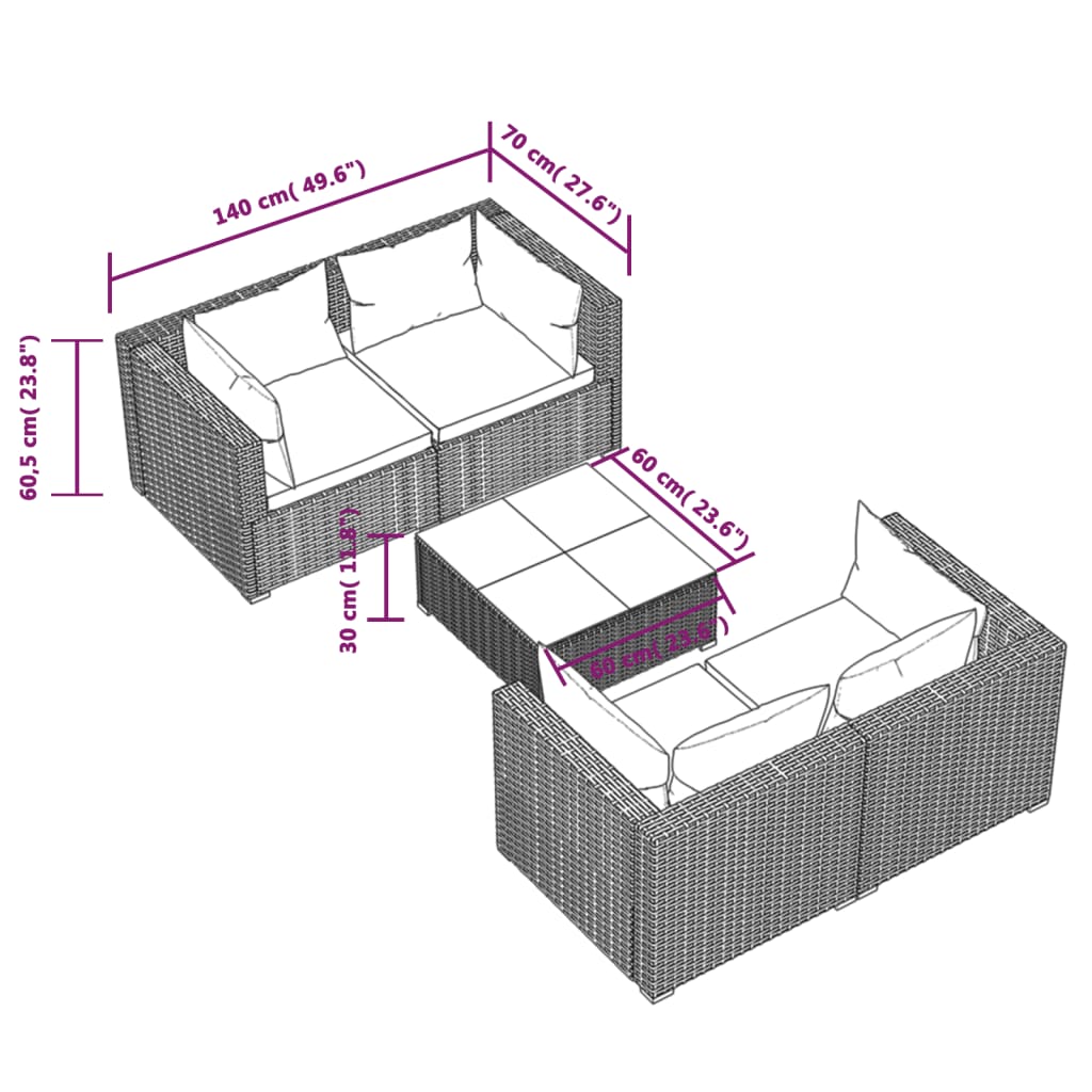 5 Piece Garden Lounge Set with Cushions Poly Rattan Brown - Newstart Furniture