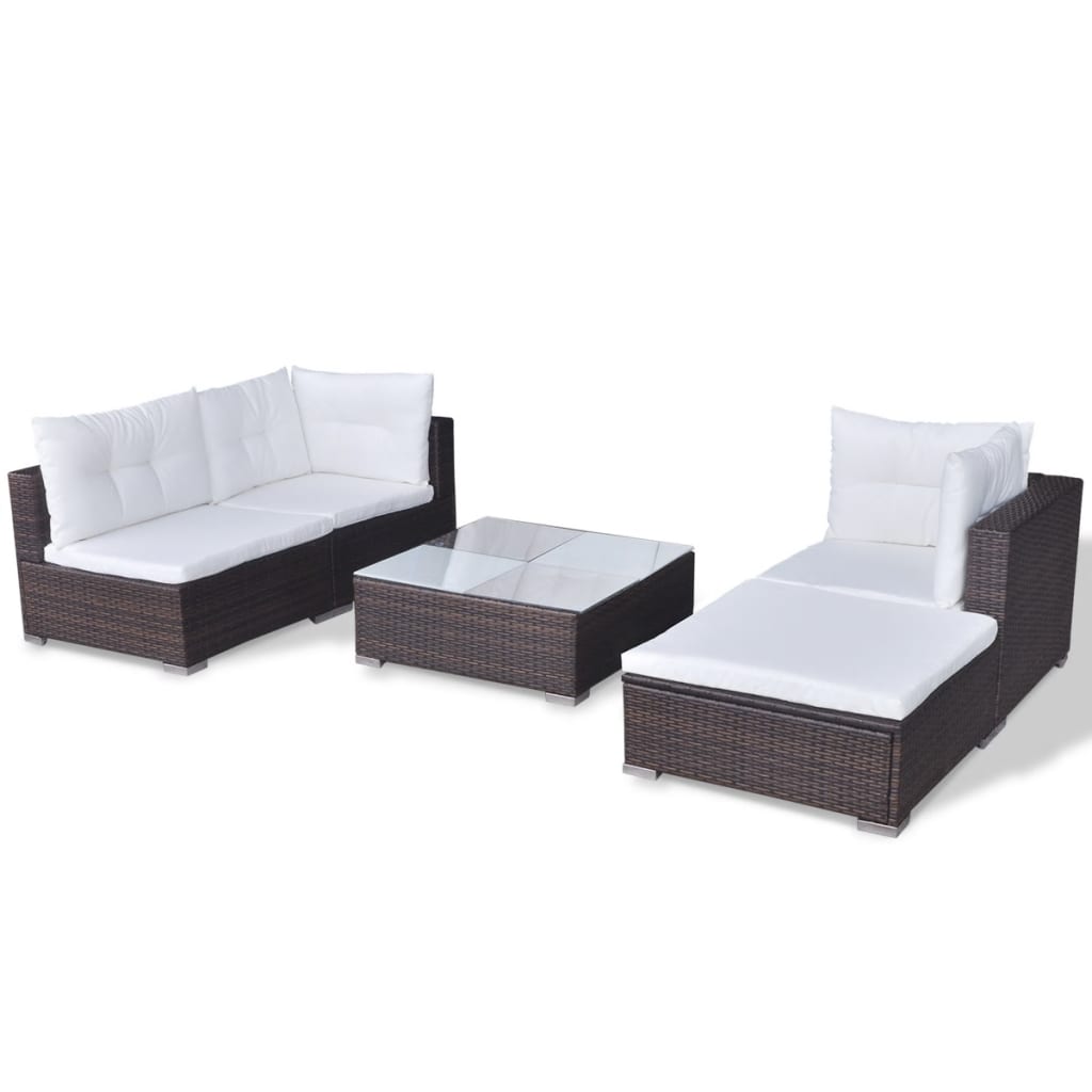 5 Piece Garden Lounge Set with Cushions Poly Rattan Brown - Newstart Furniture