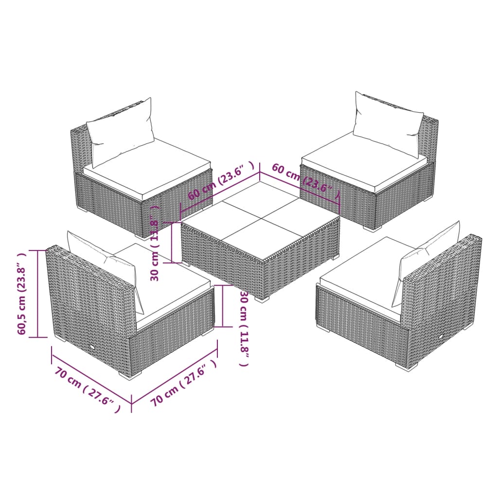 5 Piece Garden Lounge Set with Cushions Poly Rattan Brown - Newstart Furniture