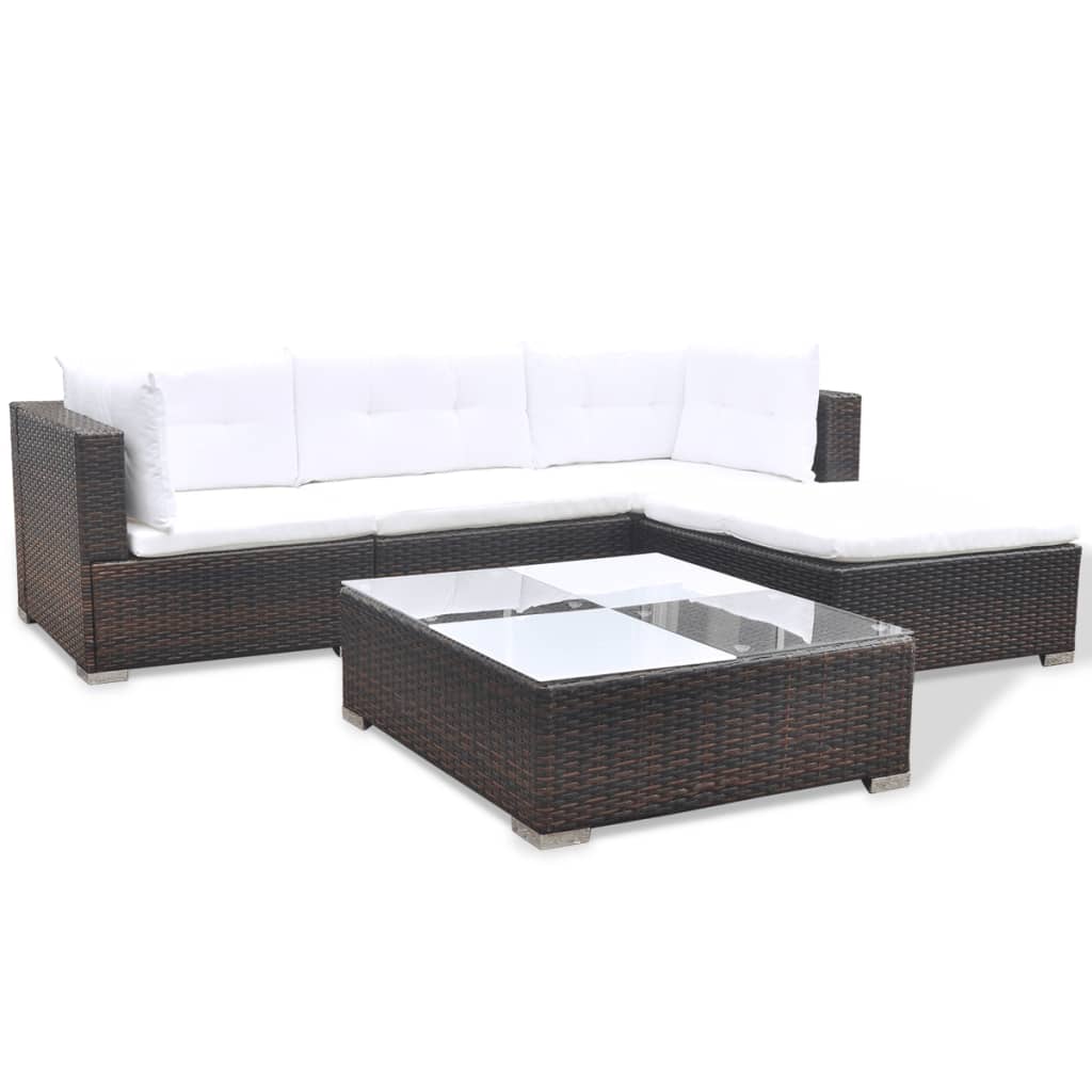 5 Piece Garden Lounge Set with Cushions Poly Rattan Brown - Newstart Furniture