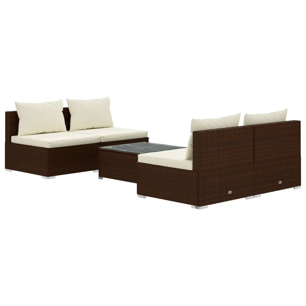 5 Piece Garden Lounge Set with Cushions Poly Rattan Brown - Newstart Furniture