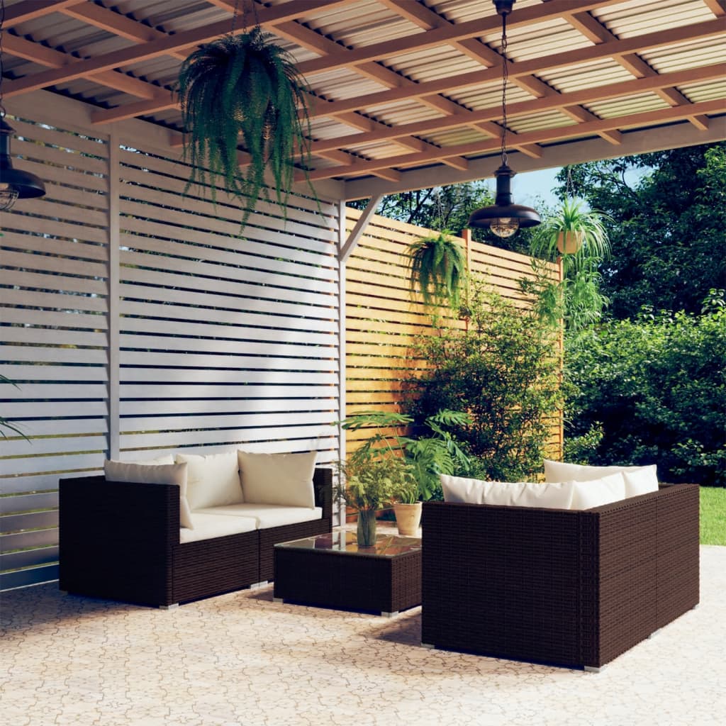 5 Piece Garden Lounge Set with Cushions Poly Rattan Brown - Newstart Furniture