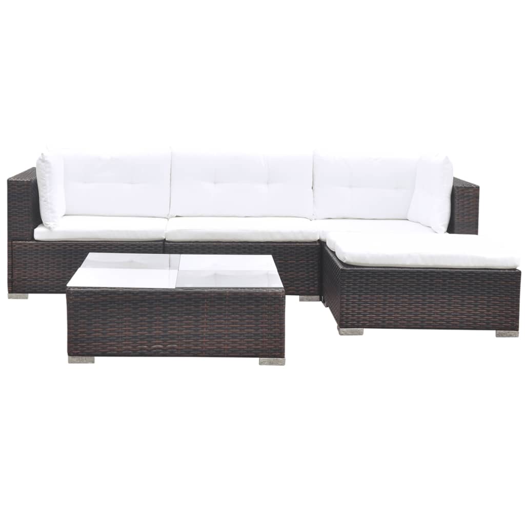 5 Piece Garden Lounge Set with Cushions Poly Rattan Brown - Newstart Furniture