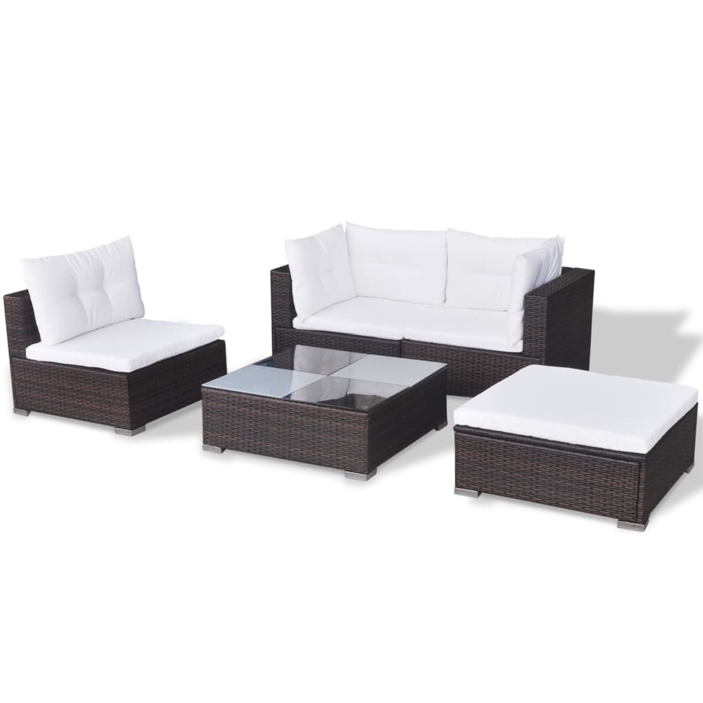 5 Piece Garden Lounge Set with Cushions Poly Rattan Brown - Newstart Furniture