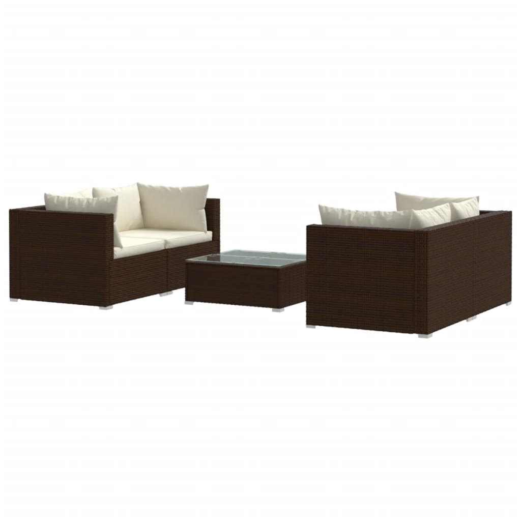 5 Piece Garden Lounge Set with Cushions Poly Rattan Brown - Newstart Furniture