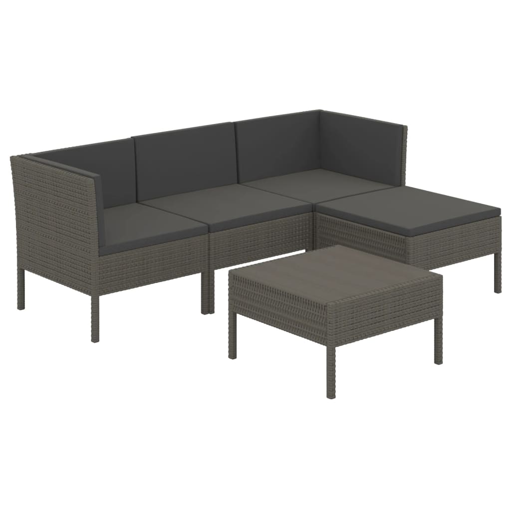 5 Piece Garden Lounge Set with Cushions Poly Rattan Grey - Newstart Furniture