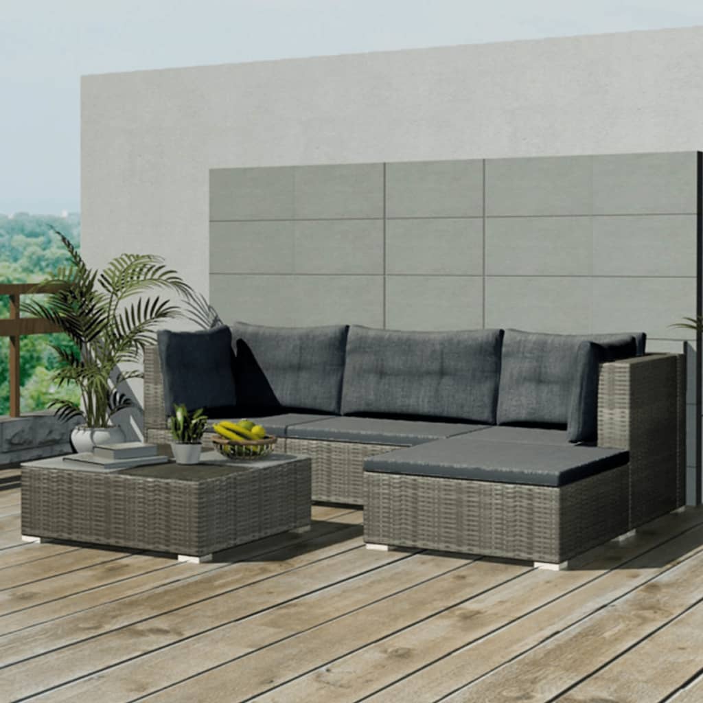 5 Piece Garden Lounge Set with Cushions Poly Rattan Grey - Newstart Furniture