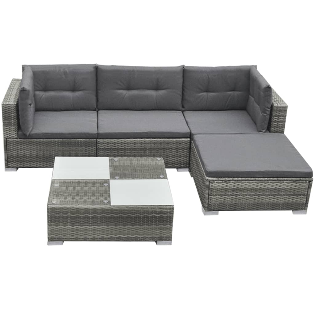 5 Piece Garden Lounge Set with Cushions Poly Rattan Grey - Newstart Furniture