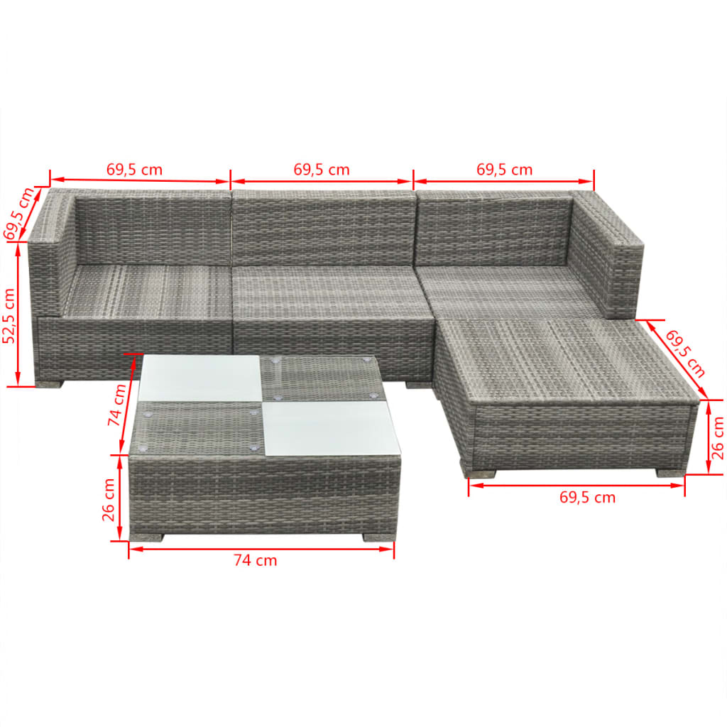 5 Piece Garden Lounge Set with Cushions Poly Rattan Grey - Newstart Furniture