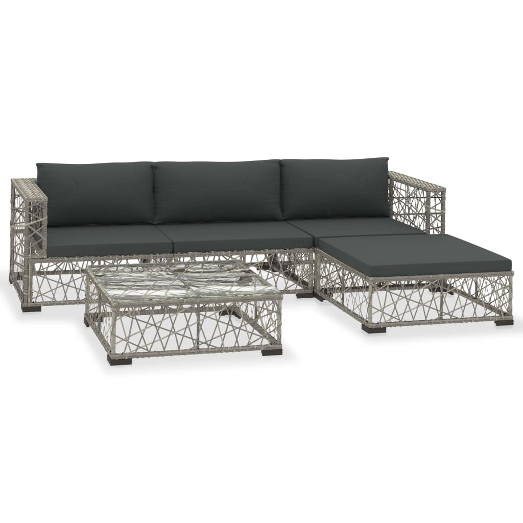 5 Piece Garden Lounge Set with Cushions Poly Rattan Grey - Newstart Furniture