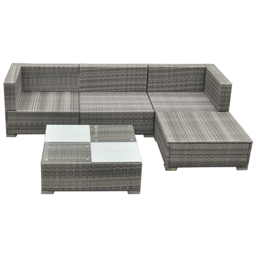 5 Piece Garden Lounge Set with Cushions Poly Rattan Grey - Newstart Furniture