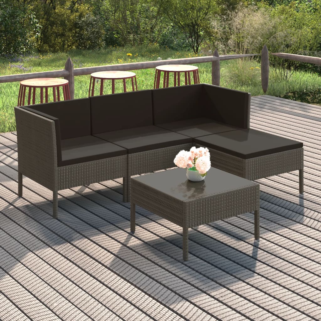 5 Piece Garden Lounge Set with Cushions Poly Rattan Grey - Newstart Furniture