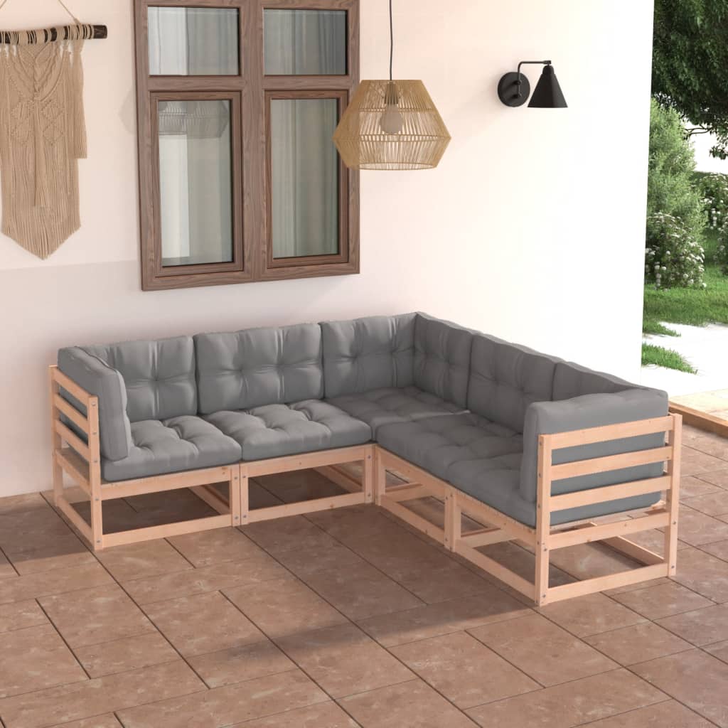 5 Piece Garden Lounge Set with Cushions Solid Pinewood - Newstart Furniture