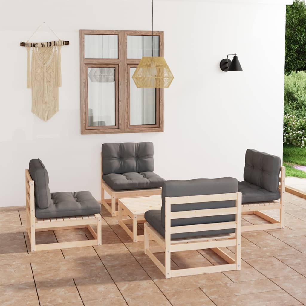 5 Piece Garden Lounge Set with Cushions Solid Pinewood - Newstart Furniture