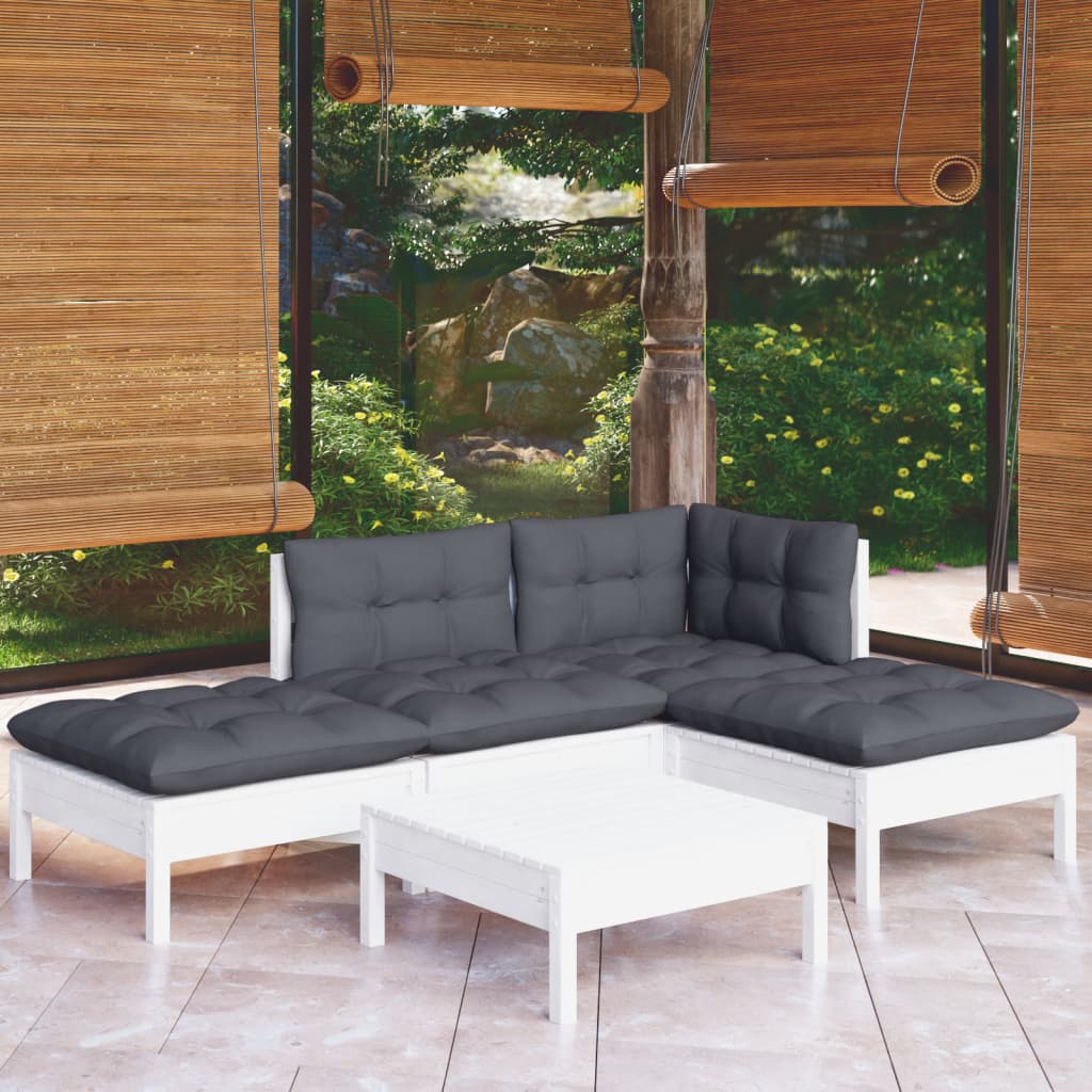 5 Piece Garden Lounge Set with Cushions White Pinewood - Newstart Furniture