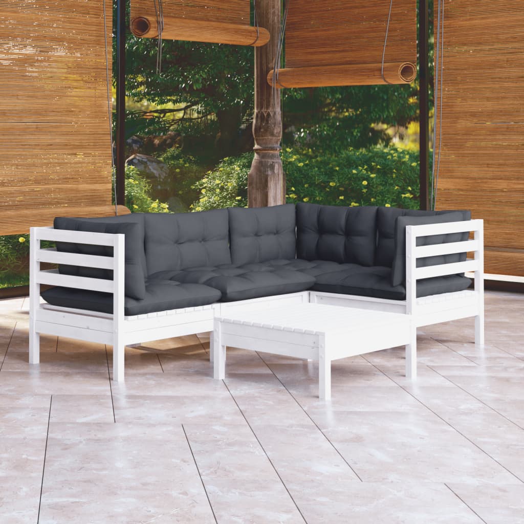 5 Piece Garden Lounge Set with Cushions White Pinewood - Newstart Furniture