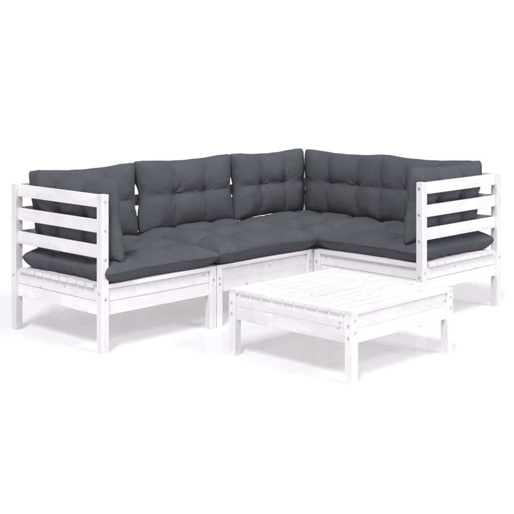 5 Piece Garden Lounge Set with Cushions White Pinewood - Newstart Furniture