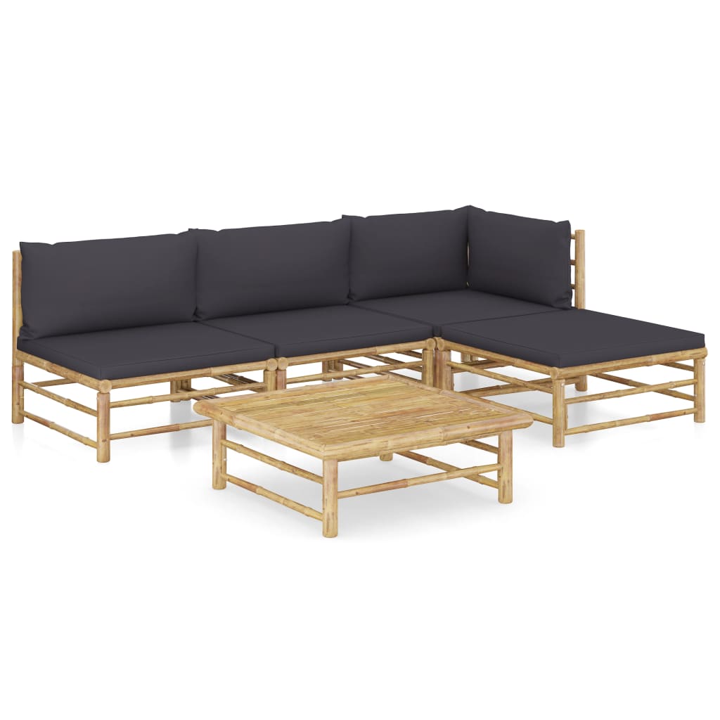 5 Piece Garden Lounge Set with Dark Grey Cushions Bamboo - Newstart Furniture