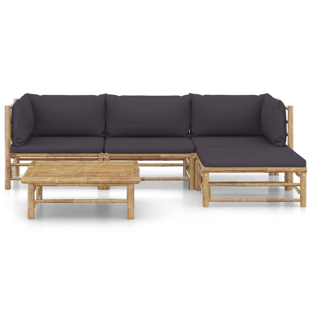 5 Piece Garden Lounge Set with Dark Grey Cushions Bamboo - Newstart Furniture