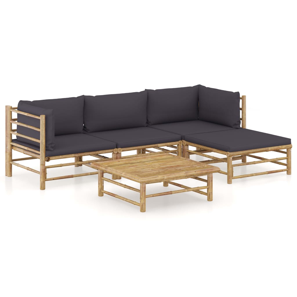 5 Piece Garden Lounge Set with Dark Grey Cushions Bamboo - Newstart Furniture