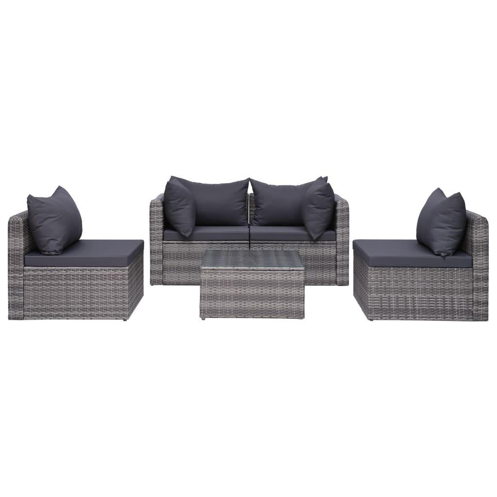 5 Piece Garden Sofa Set with Cushions & Pillows Poly Rattan Grey - Newstart Furniture