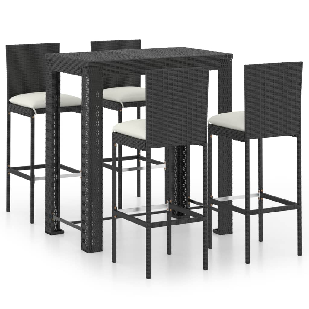 5 Piece Outdoor Bar Set with Cushions Poly Rattan Black - Newstart Furniture