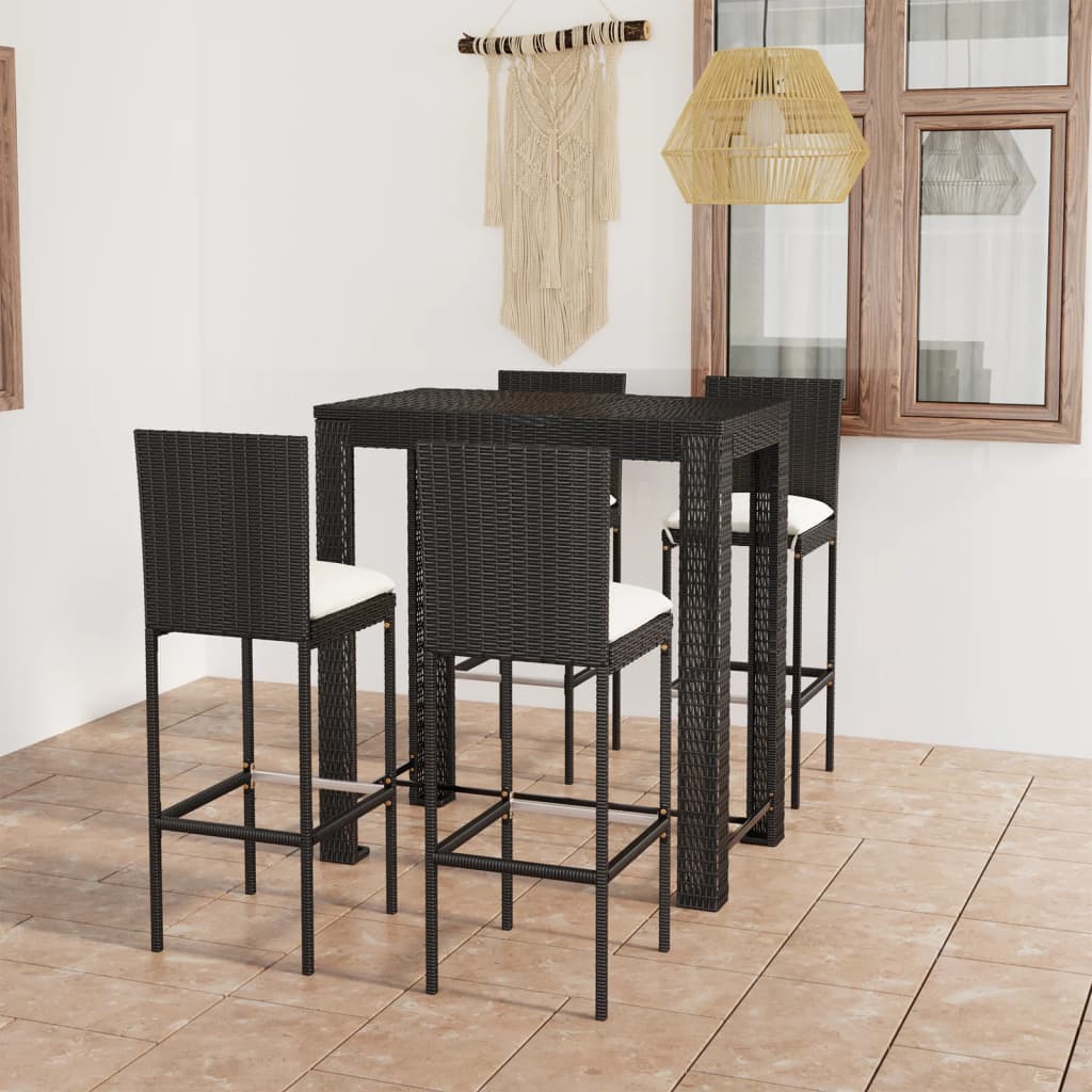 5 Piece Outdoor Bar Set with Cushions Poly Rattan Black - Newstart Furniture