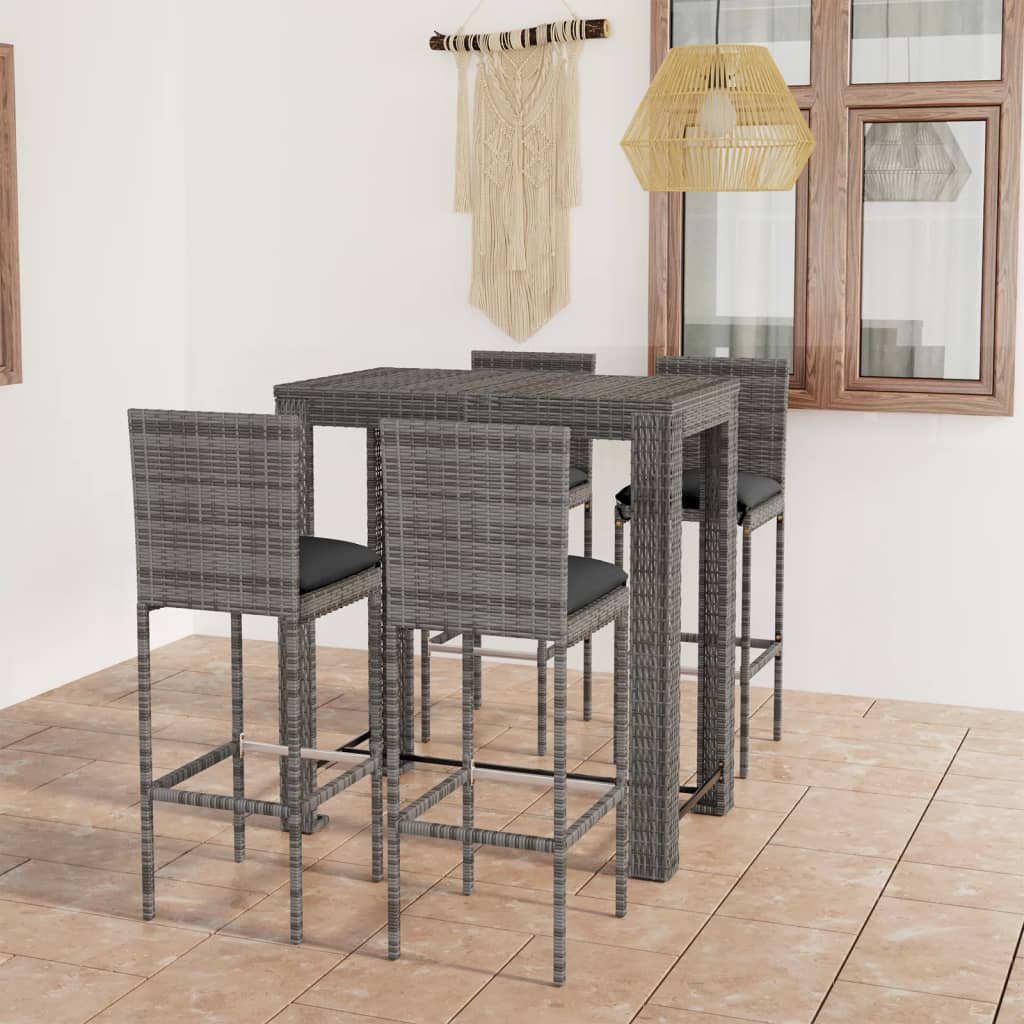 5 Piece Outdoor Bar Set with Cushions Poly Rattan Grey - Newstart Furniture