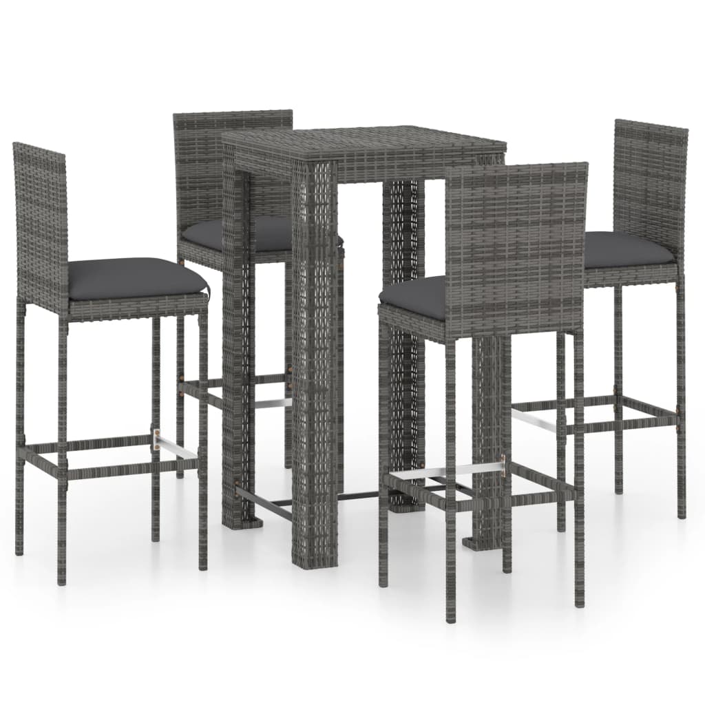 5 Piece Outdoor Bar Set with Cushions Poly Rattan Grey - Newstart Furniture