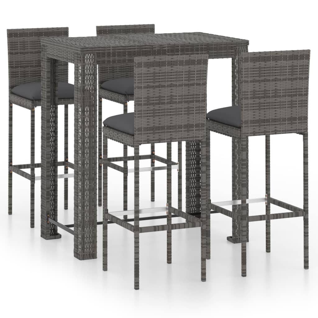 5 Piece Outdoor Bar Set with Cushions Poly Rattan Grey - Newstart Furniture