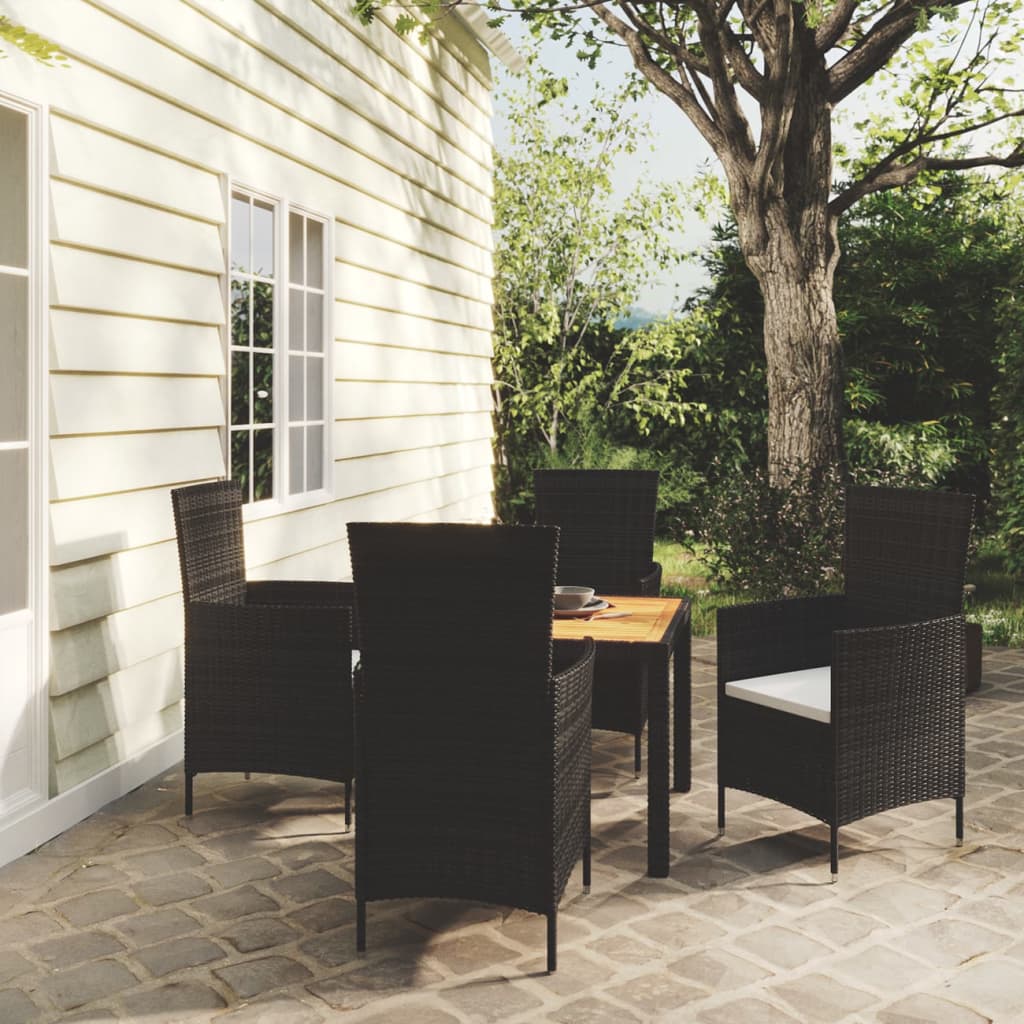 5 Piece Outdoor Dining Set with Cushions Poly Rattan Black - Newstart Furniture