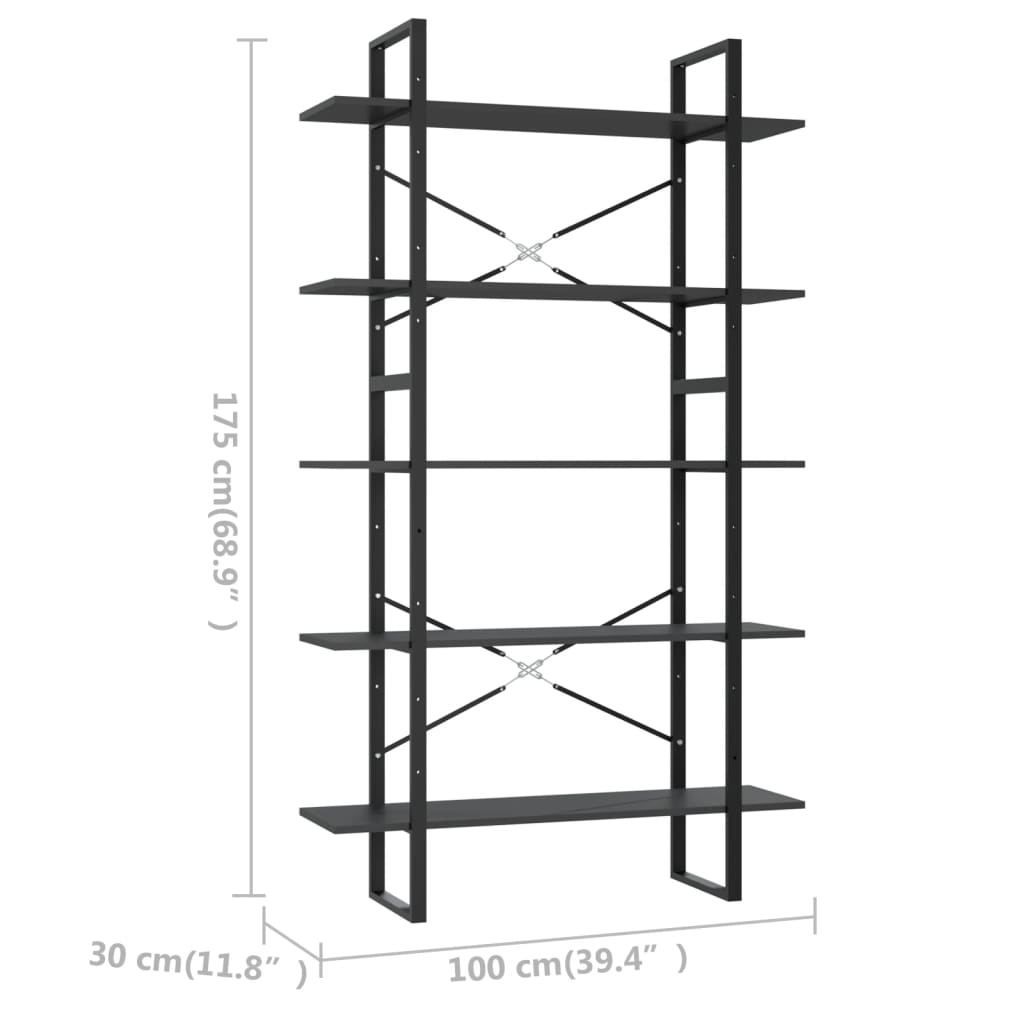 5-Tier Book Cabinet Grey 100x30x175 cm Engineered Wood - Newstart Furniture