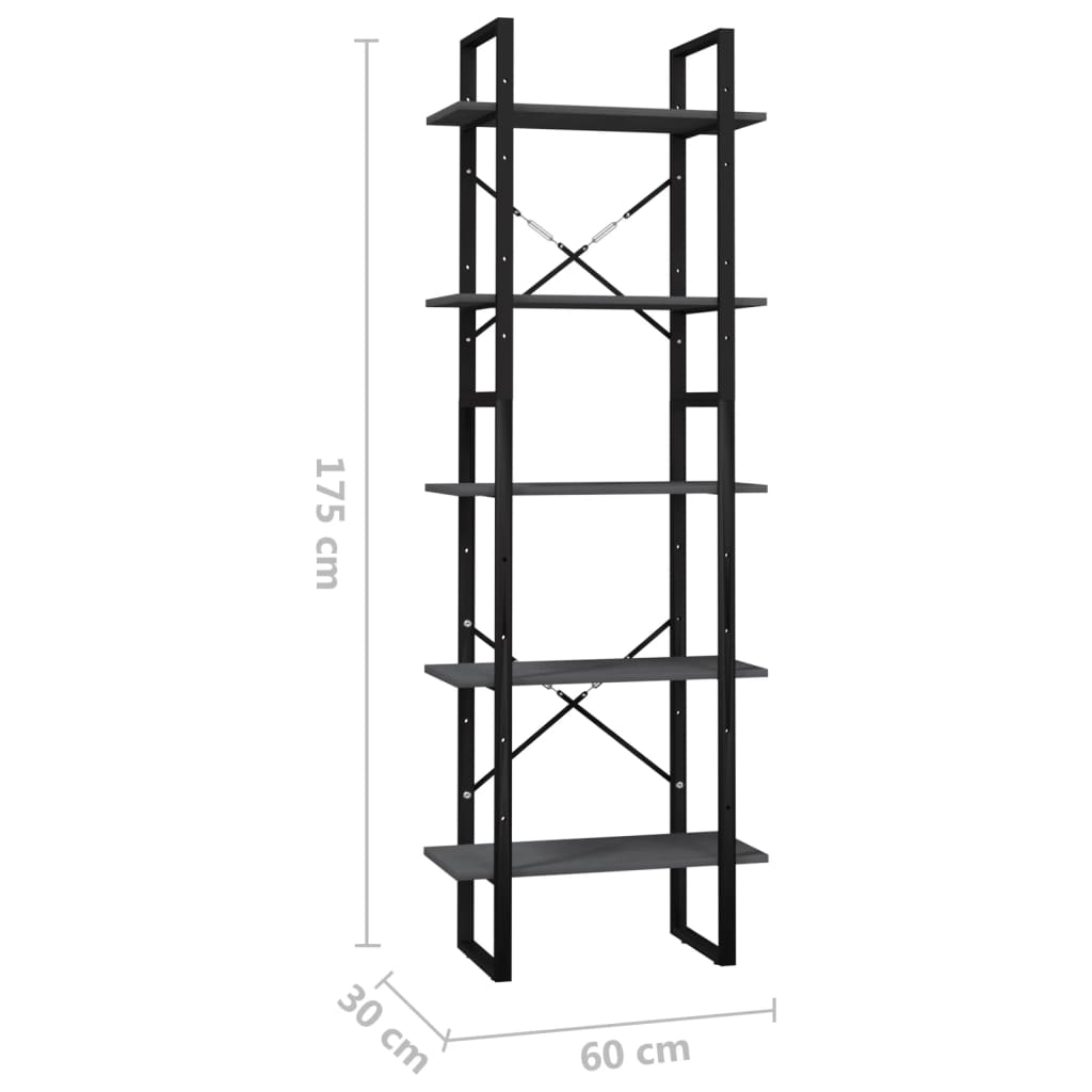 5-Tier Book Cabinet Grey 60x30x175 cm Pinewood - Newstart Furniture